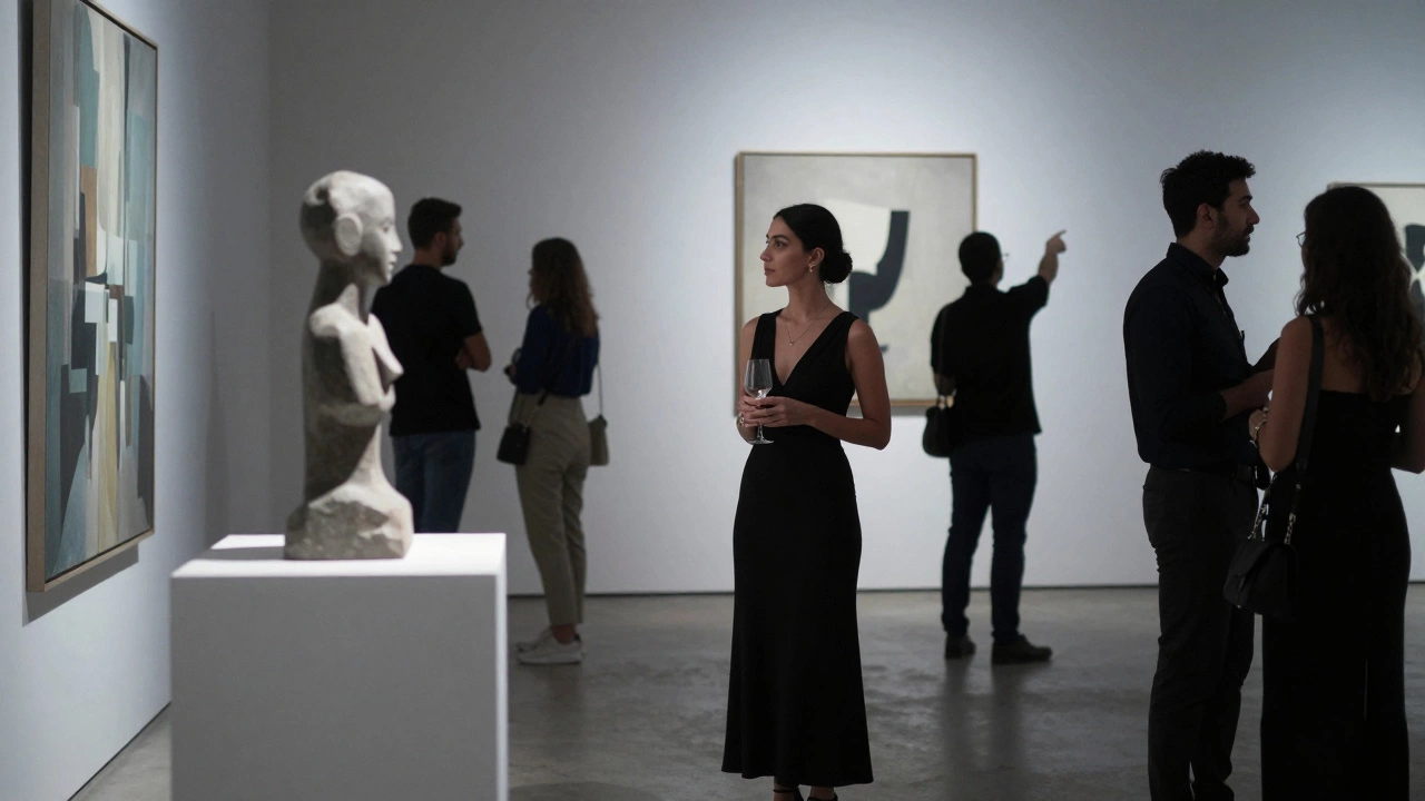 A gracefully dressed woman engaging in a thoughtful conversation at a modern art gallery opening in Dubai.