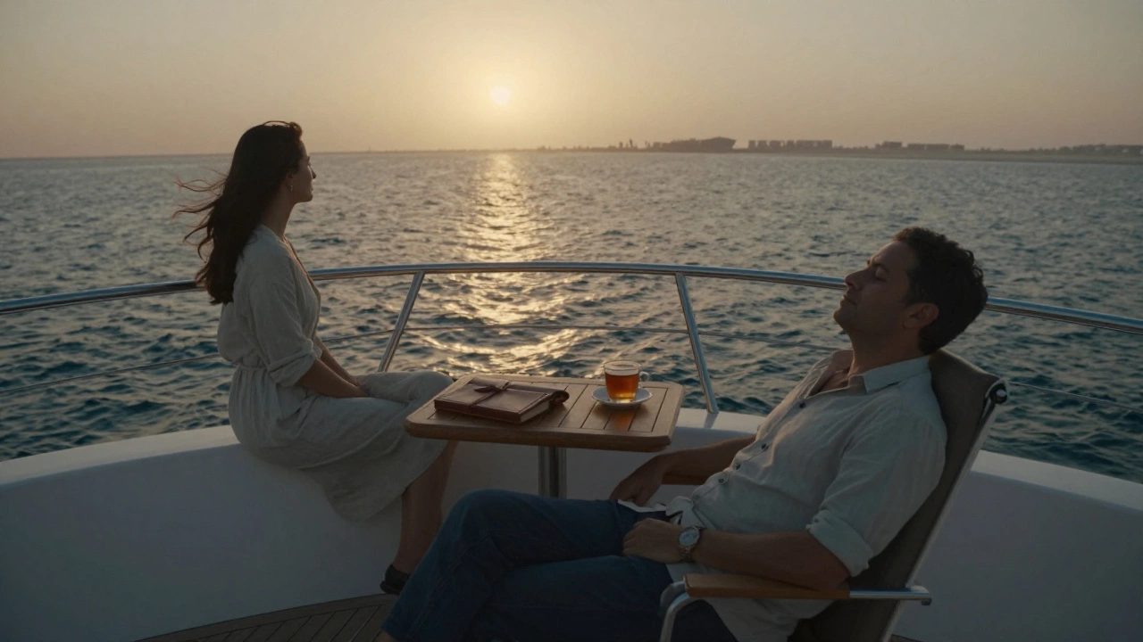 A woman and man sitting peacefully on a yacht at sunset, enjoying quiet companionship with the city skyline in the distance.