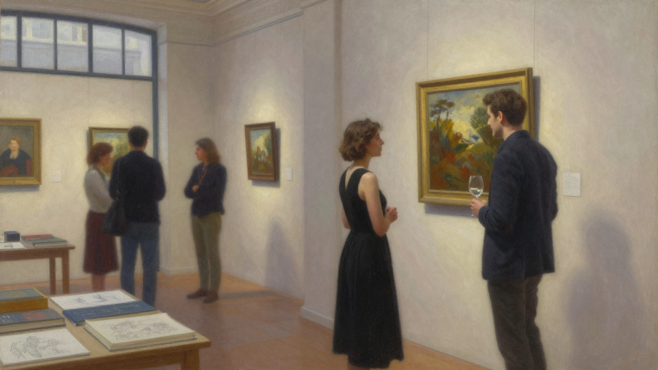 A woman engaging in thoughtful dialogue with a guest at an intimate art gallery opening.